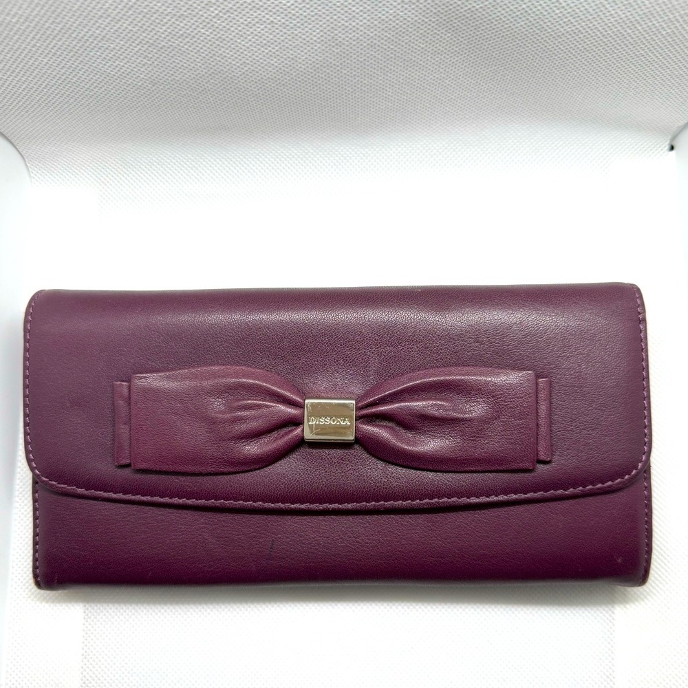 Dissona Wine Red Leather Bow Wallet Clutch Gold Hardware Wristlet
